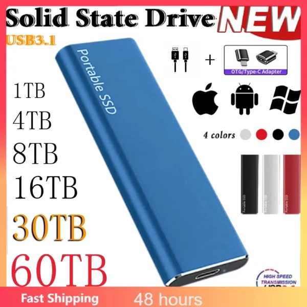 External Hard Drive Portable SSD 1TB 2TB Type-C/USB 3.0 Interface High-Speed Hard Disk Storage Device for Laptop/PC/Desktop/Mac