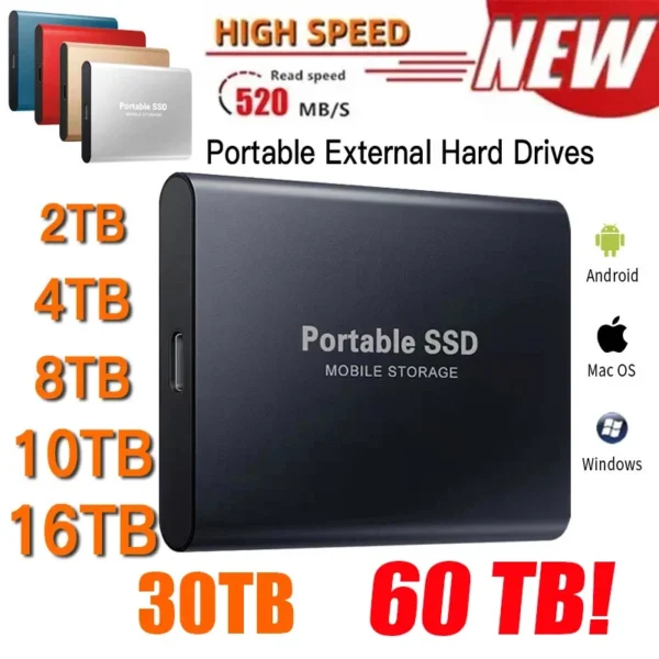 High Speed External Hard Drive Portable SSD 1TB Solid State Drive USB3.1 Type-C Interface Mass Storage Hard Disk for Laptop/Mac