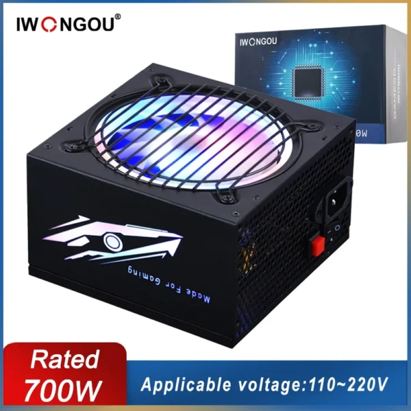 IWONGOU 500W 600W 700W PC Power Source 12V 24Pin Power Supply Unit Black Font Atx Active PFC110V/220V GAMESD Pico Psu