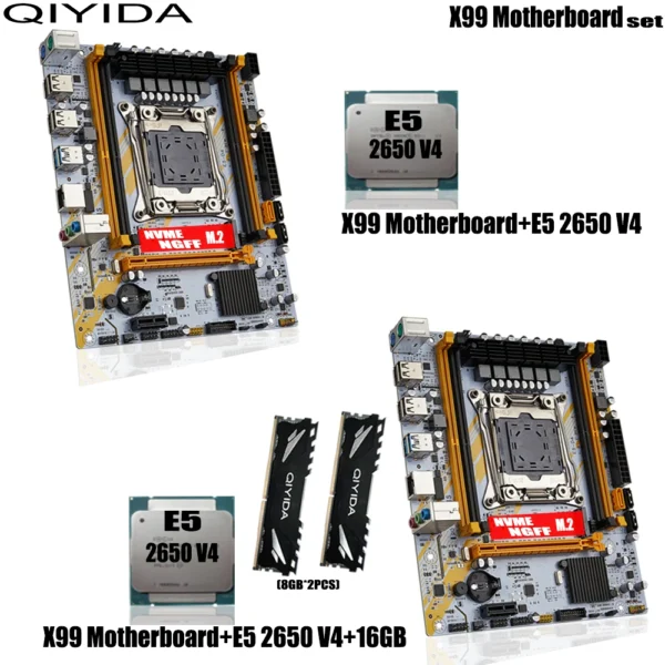 QIYIDA X99 Motherboard Set Combo Xeon Kit E5 2650 V4 CPU LGA 2011-3 Processor 16GB DDR4 RAM Memory NVME M.2 NGFF SATA ED4