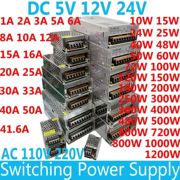 Switching Power Supply AC 110V 220V To DC 12 Volt 5V 24V 5A 10A 15A 20A 25A 30A 50A 500W 600W Led Strip Lights Transformers SMPS