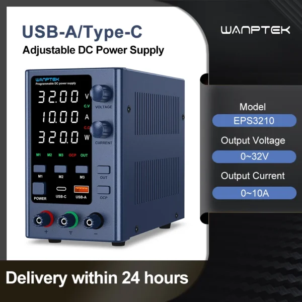Wanptek Adjustable DC Power Supply 32V 10A, Switching Power Supply with Storage Memory USB/Tape-C Dual Interface Fast Charging